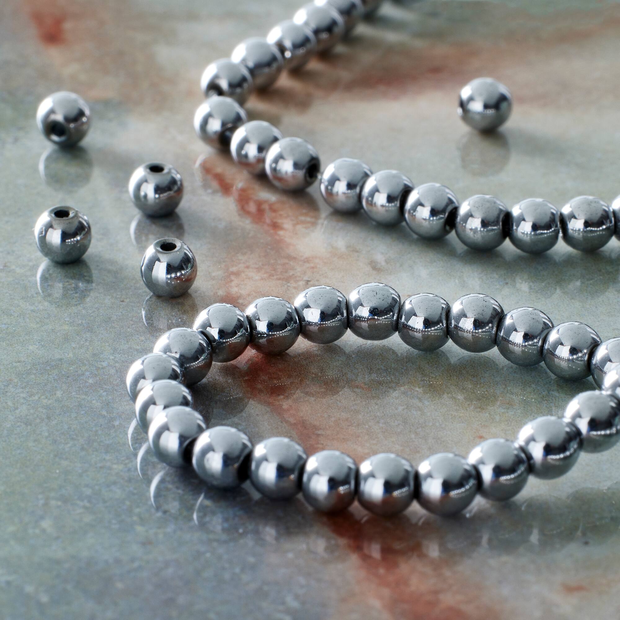 12 Pack: Rhodium Reconstituted Hematite Round Beads by Bead Landing